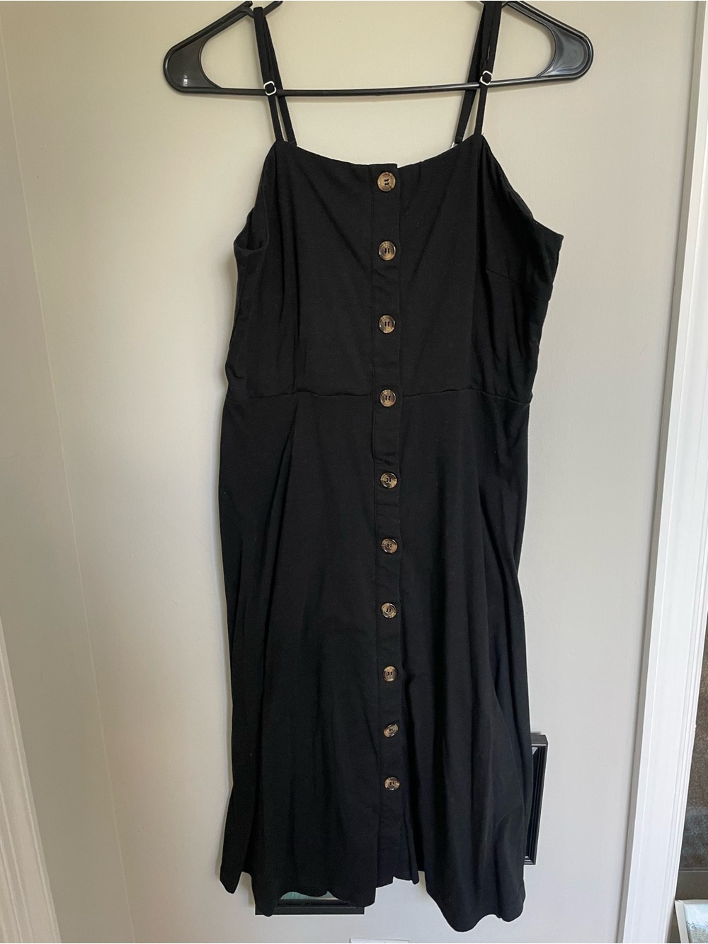 Classic Black Button-Front Midi Dress with Spaghetti Straps